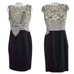 Karen Millen Designer Linen Blend Cream Black Bow Front Sheath Dress Size 4